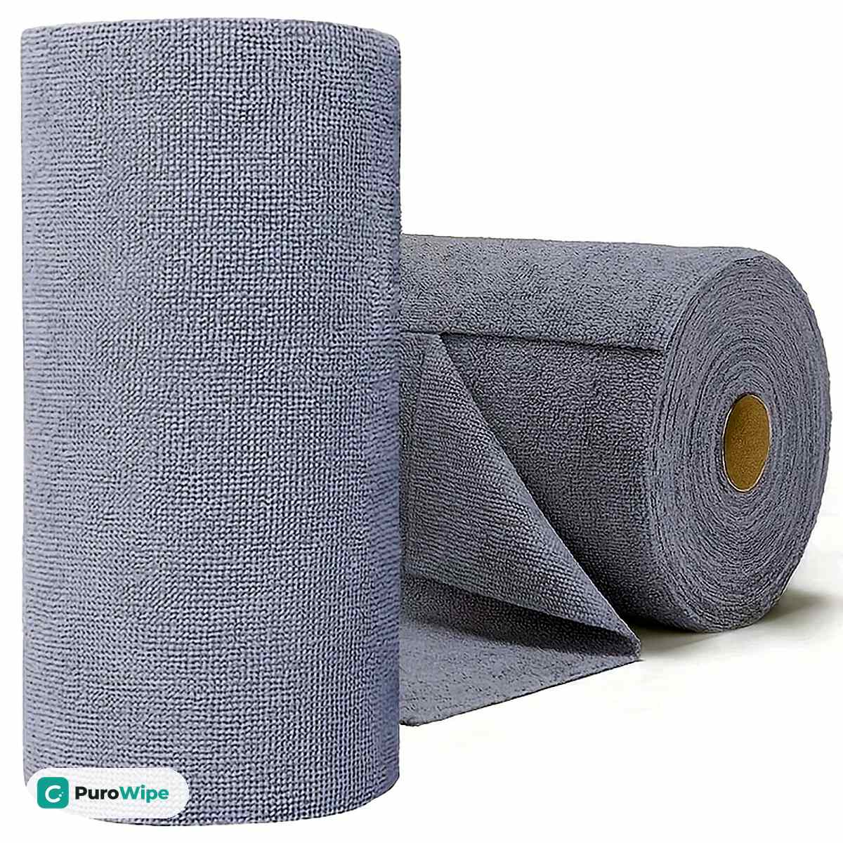 Two gray-blue microfiber rolls, one unrolled